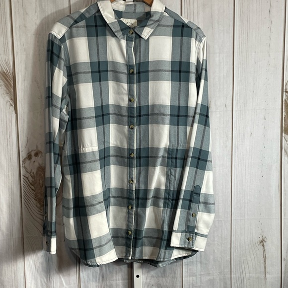 Misses Plaid Brushed Long Sleeve Shirt Button Front Cream Teal Pockets XL NEW - Picture 1 of 3
